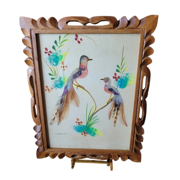 Mexican Feather Art Bird Scene Vintage Framed Ornate Wood Frame - Picture 2 of 4